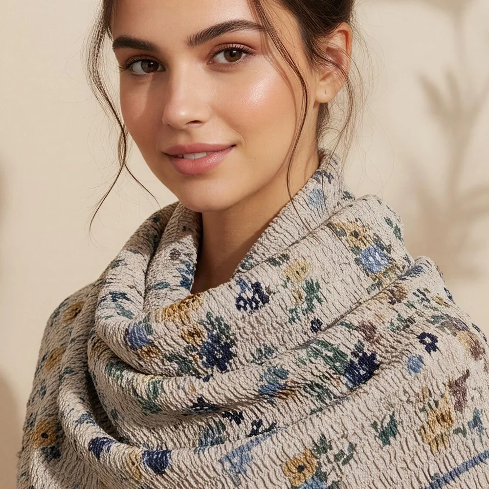 New Vintage Inspired Infinity Loop Scarf Floral Crinkled Chiffon Off White Airy